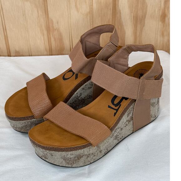 OTBT Bushnell Wedge Sandals Size 9 Leather Textile Stretch Strap Comfort Y2K - Picture 3 of 7